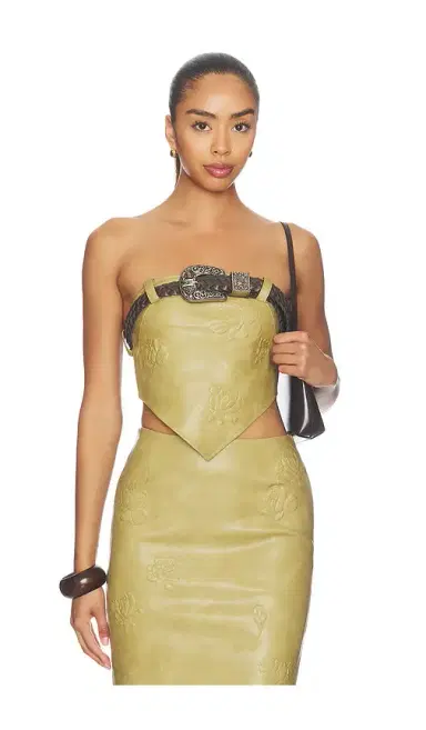 Markgong Dust Faux Leather Floral Imprinted Tube Top With Detachable Belt | Thumbnail 1