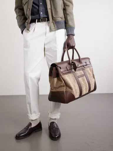 Brunello Cucinelli Herringbone Canvas and Leather Weekend Bag - Men | Thumbnail 2