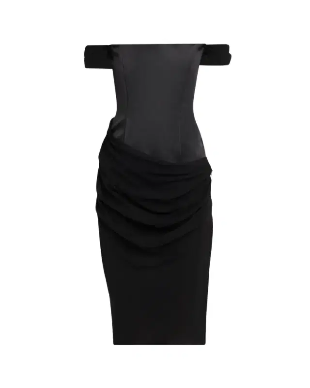 Off-The-Shoulder Draped Satin Corset Midi Dress