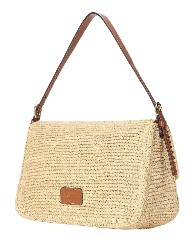 STAUD Harlow Leather-Trim Raffia Shoulder Bag