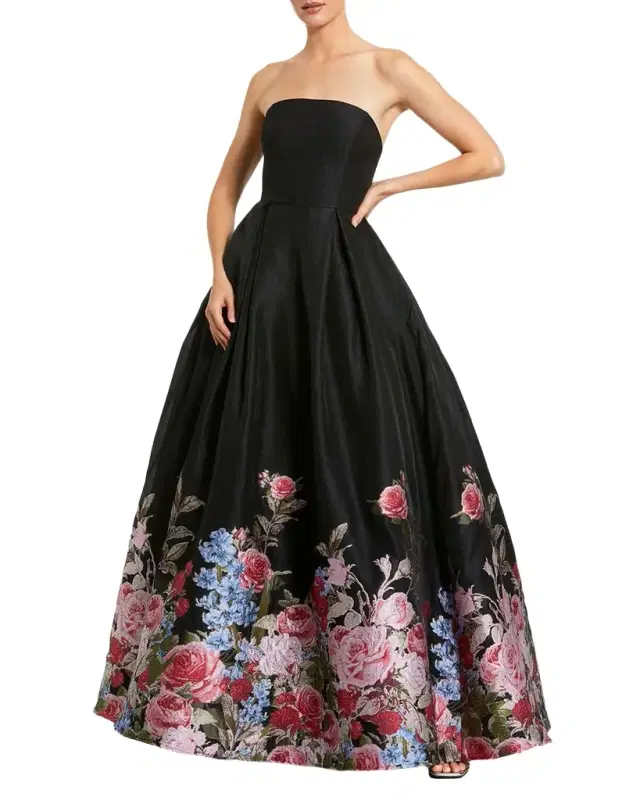 Strapless Pleated Floral Brocade Gown
