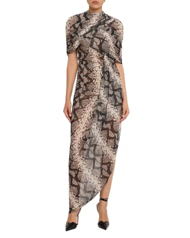 LAPOINTE Snakeskin-Print Mesh Draped Capelet Maxi Dress