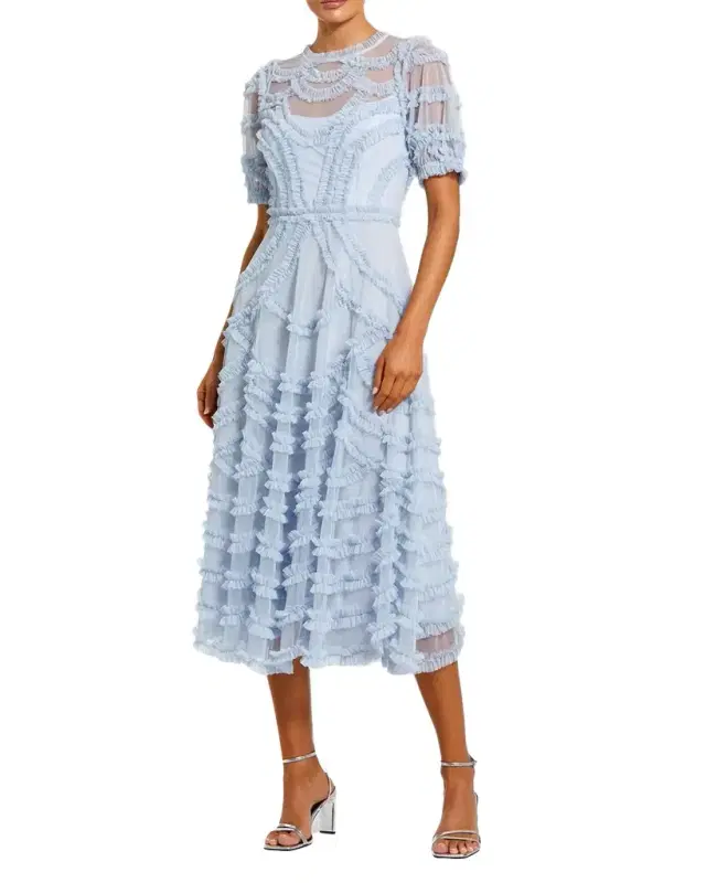 Mac Duggal Ruffle-Trim Mesh Midi Dress