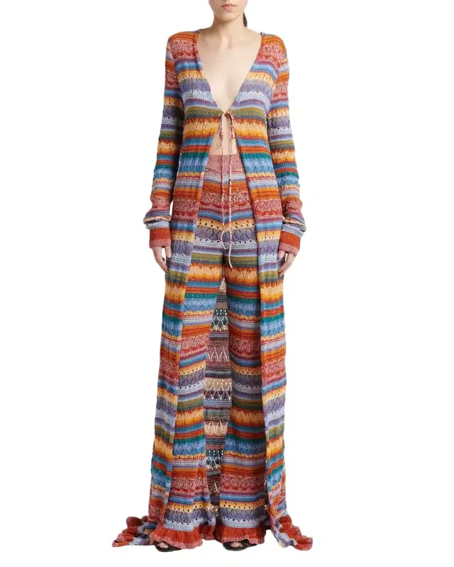 Striped Open Knit Flare Trousers