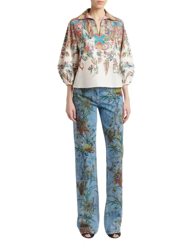 Paisley-Print Balloon-Sleeve Collared Shirt