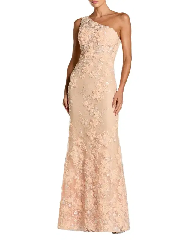 Mac Duggal Floral Embroidered One-Shoulder Column Gown