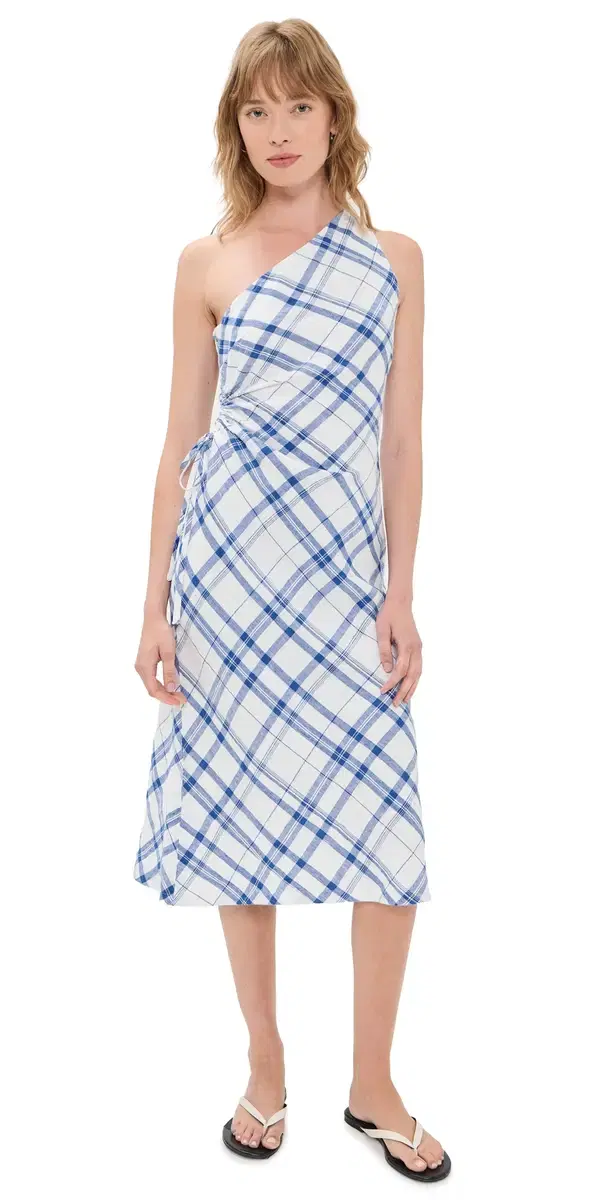 Madewell Ruched One-Shoulder Midi Dress Blue And White Plaid