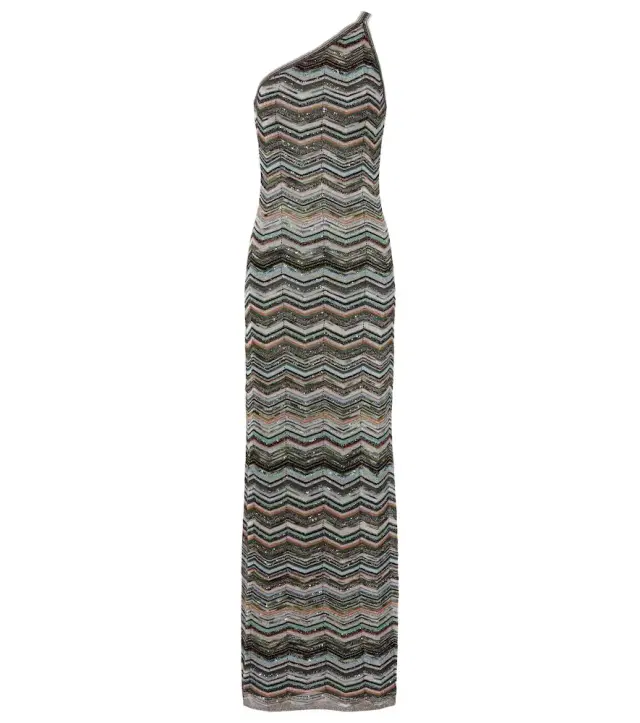 Zigzag one-shoulder lamé maxi dress