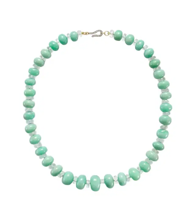 Beaded necklace with chrysoprases, topaz, and diamonds