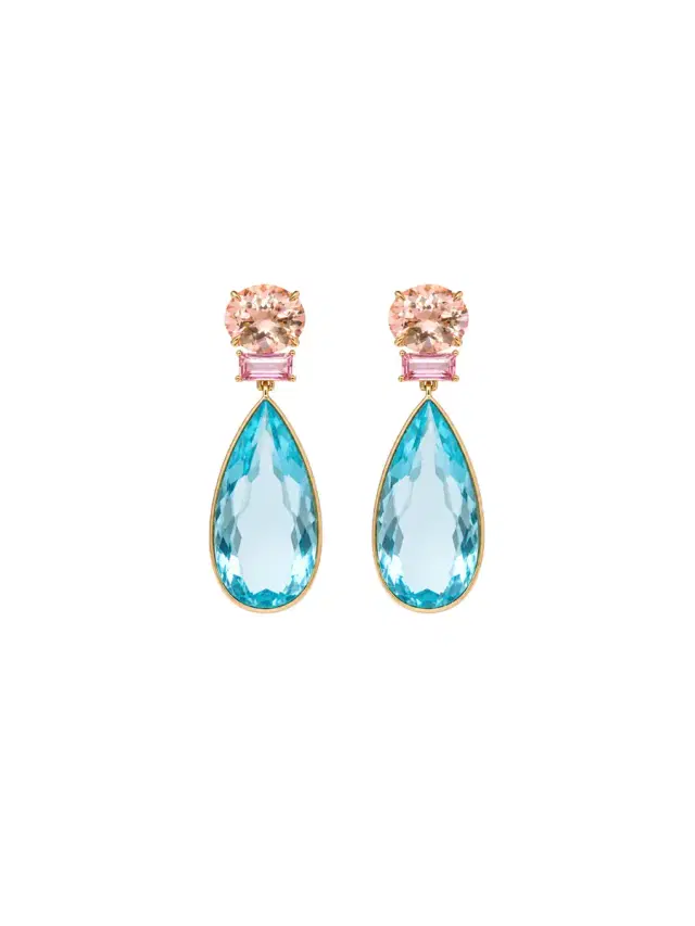 Wish Fine Jewelry 37.88ct Topaz Sapphire Morganite 18K Gold Pear Drop Earrings
