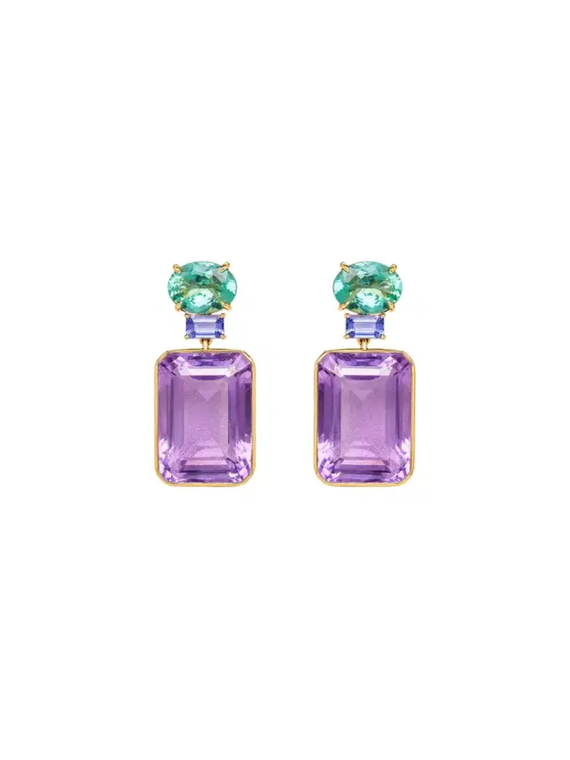 Wish Fine Jewelry 47.98ct Amethyst Apatite Tanzanite 18K Gold Drop Earrings