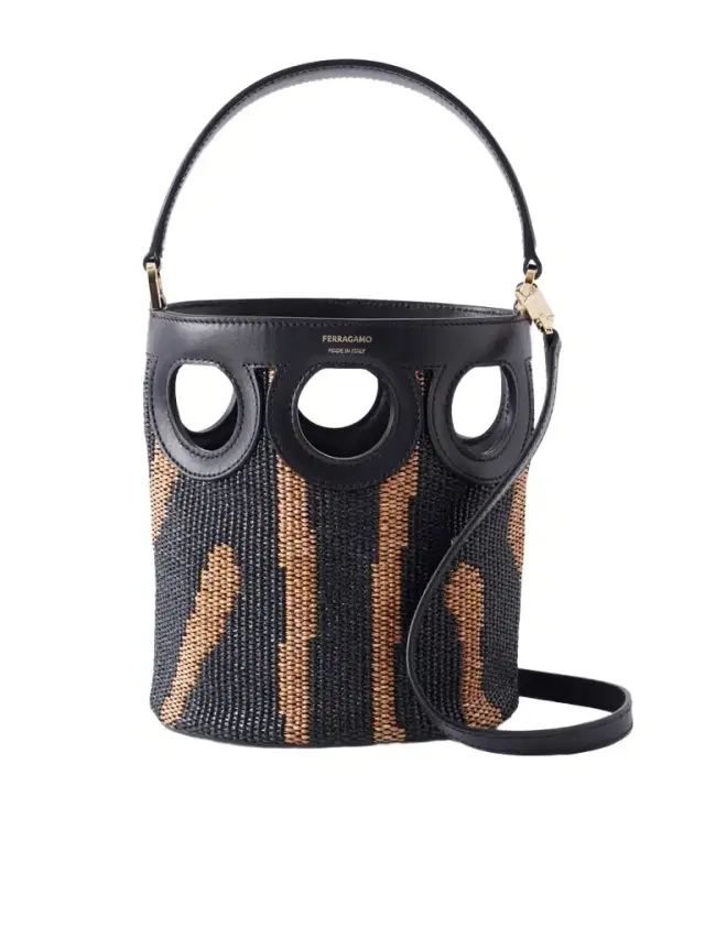 Ferragamo Cutout Leather-paneled Raffia Tote