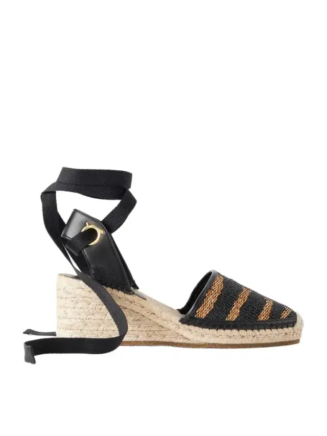 Ferragamo Zanta Zebra 70 Leather-trimmed Woven Raffia Espadrillas Wedge