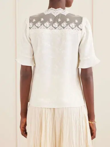 MAISON MAYLE Margarita Mesh And Crochet-trimmed Floral-jacquard Silk-crepe Blouse | Thumbnail 4 MAISON MAYLE Margarita Mesh And Crochet-trimmed Floral-jacquard Silk-crepe Blouse | Thumbnail 4