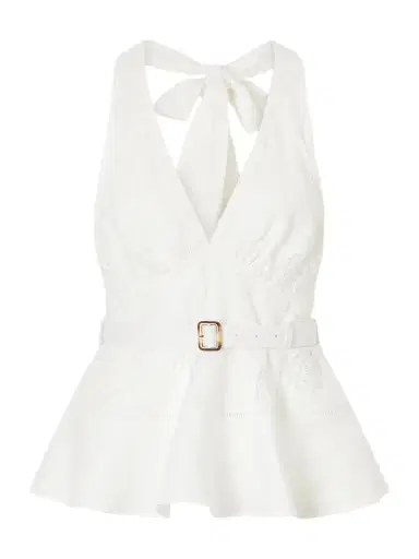 Self-Portrait Belted Embroidered Linen And Cotton-blend Peplum Top | Thumbnail 1 Self-Portrait Belted Embroidered Linen And Cotton-blend Peplum Top | Thumbnail 1