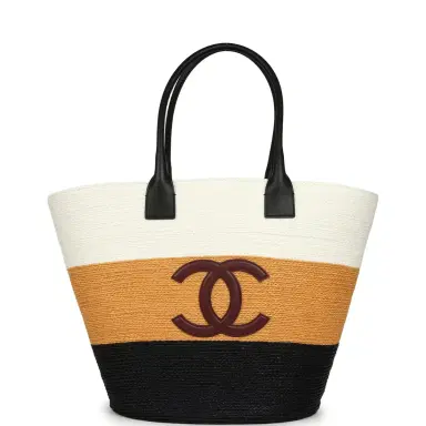 Chanel Chanel Maxi Coco Beach Small Shopping Bag White, Dark Beige, Black Raffia and Calfskin | Thumbnail 1 Chanel Chanel Maxi Coco Beach Small Shopping Bag White, Dark Beige, Black Raffia and Calfskin | Thumbnail 1