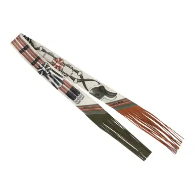 HERMÈS Hermes "Jumping Leather" Crème, Kaki and Beige Dore Fringe Silk Twilly | Thumbnail 2 HERMÈS Hermes "Jumping Leather" Crème, Kaki and Beige Dore Fringe Silk Twilly | Thumbnail 2
