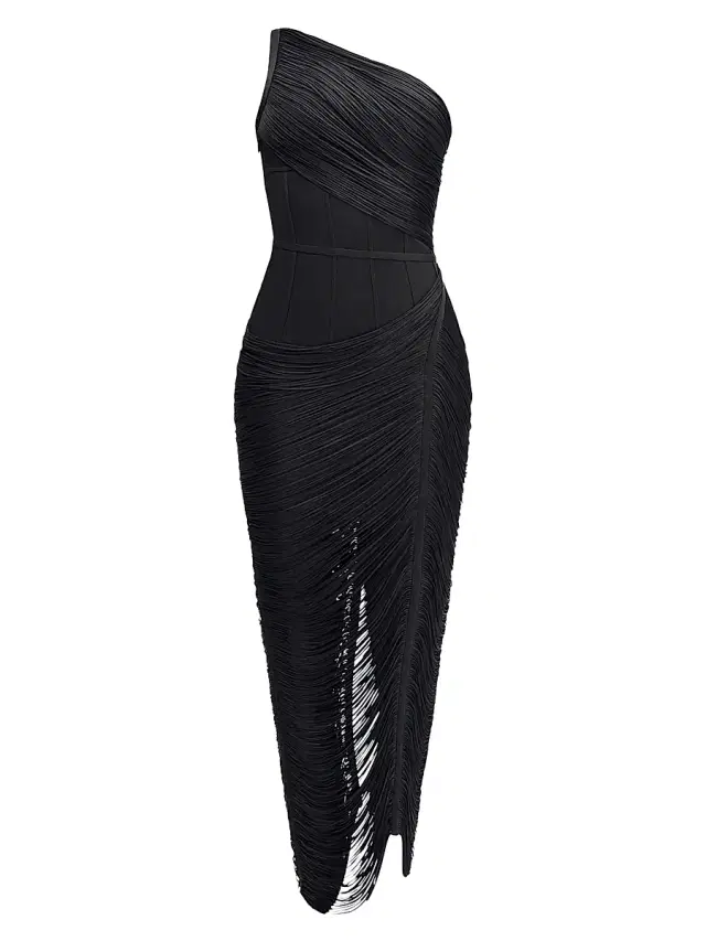 Hervé Léger Women's The Tyra Fringe One-Shoulder Gown - Black