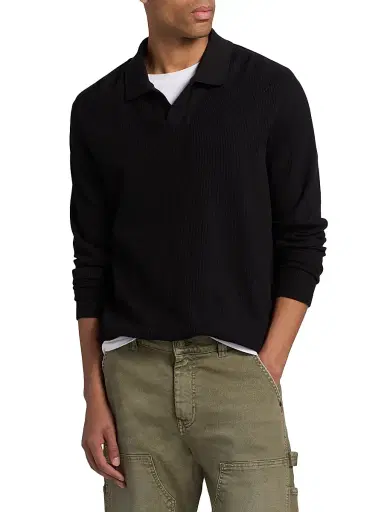 Vince Men's Macro Rib-Knit Johnny Collar Shirt - Black | Thumbnail 3 Vince Men's Macro Rib-Knit Johnny Collar Shirt - Black | Thumbnail 3