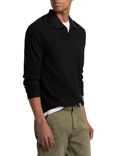 Vince Men's Macro Rib-Knit Johnny Collar Shirt - Black | Thumbnail 4 Vince Men's Macro Rib-Knit Johnny Collar Shirt - Black | Thumbnail 4