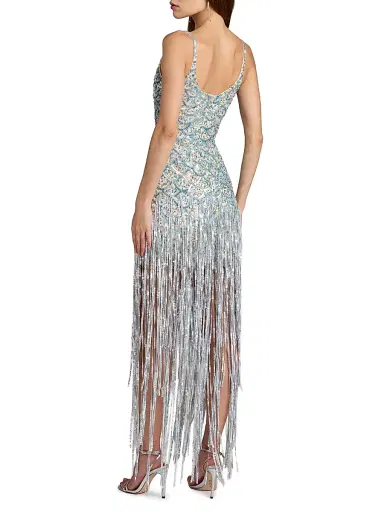 Mac Duggal Women's Sequined Fringe Mesh Gown - Beige Silver | Thumbnail 2