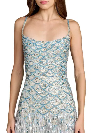 Mac Duggal Women's Sequined Fringe Mesh Gown - Beige Silver | Thumbnail 3