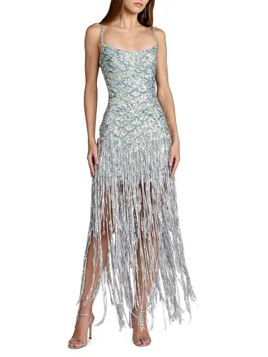 Mac Duggal Women's Sequined Fringe Mesh Gown - Beige Silver | Thumbnail 1