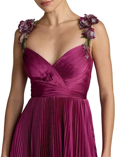 Mac Duggal Women's Petite Charmeuse Floral Strap A-Line Gown - Magenta - Size 10 | Thumbnail 3