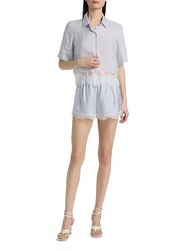 Frame Women's Striped Silk Lace Crop Shirt - Chambray Multi | Thumbnail 2 Frame Women's Striped Silk Lace Crop Shirt - Chambray Multi | Thumbnail 2