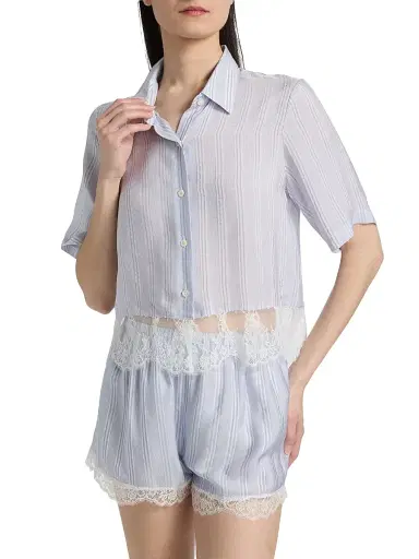 Frame Women's Striped Silk Lace Crop Shirt - Chambray Multi | Thumbnail 3 Frame Women's Striped Silk Lace Crop Shirt - Chambray Multi | Thumbnail 3
