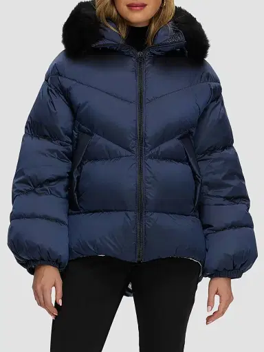 Gorski Women's Apres-Ski Jacket with Detachable Toscana Shearling Lamb Hood Trim - Ocean Blue | Thumbnail 2
