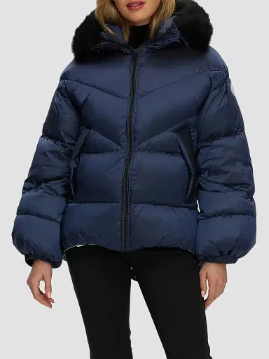 Gorski Women's Apres-Ski Jacket with Detachable Toscana Shearling Lamb Hood Trim - Ocean Blue | Thumbnail 3