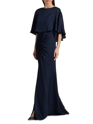 Amsale Women's Capelet Ruched Gown - Navy | Thumbnail 2