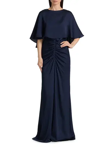 Amsale Women's Capelet Ruched Gown - Navy | Thumbnail 3