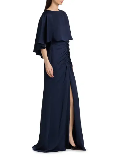 Amsale Women's Capelet Ruched Gown - Navy | Thumbnail 4