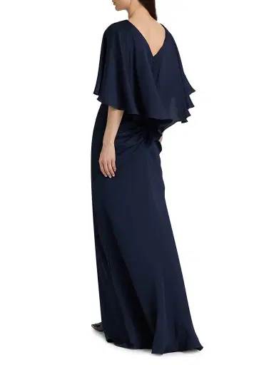 Amsale Women's Capelet Ruched Gown - Navy | Thumbnail 5