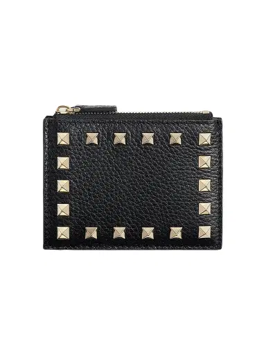 Valentino Garavani Women's Rockstud Grainy Calfskin Cardholder with Zipper - Black | Thumbnail 1