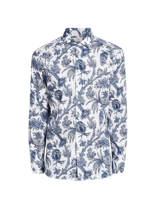 Etro Men's Multi-Floral Print Stretch Cotton Shirt - Print On White Base