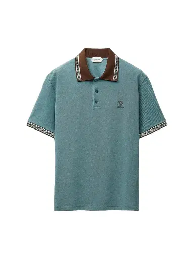 Versace Men's Greca Medusa-Embroidered Cotton Piqué Polo Shirt - Dark Sage Brown - Size XS | Thumbnail 1 Versace Men's Greca Medusa-Embroidered Cotton Piqué Polo Shirt - Dark Sage Brown - Size XS | Thumbnail 1