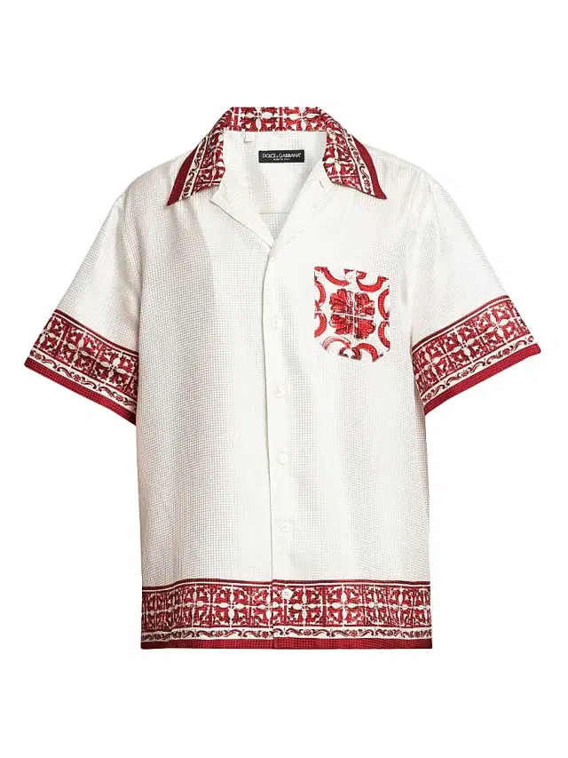 Men's Printed Silk Jacquard Twill Short-Sleeve Shirt - Maiolica Rubino