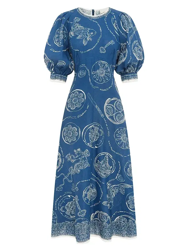 ALÉMAIS Women's Lucky Printed Linen Puff-Sleeve Midi-Dress - Blue