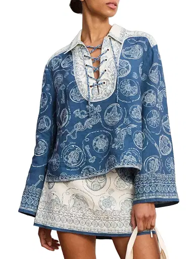 ALÉMAIS Women's Lucky Linen Lace-Up Top - Blue - Size 10 | Thumbnail 3