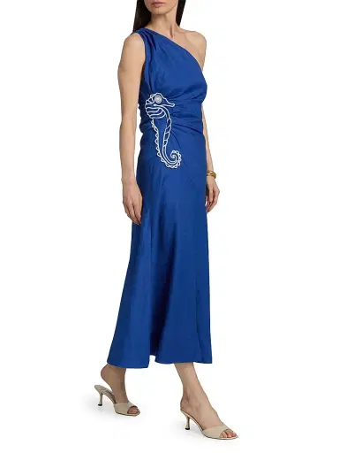 Farm Rio Women's Seahorse-Embroidered One-Shoulder Midi-Dress - Blue - Size XL | Thumbnail 2