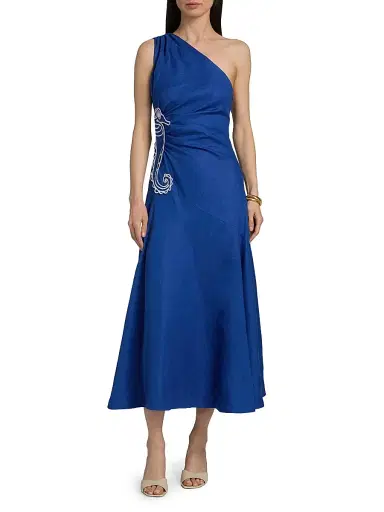 Farm Rio Women's Seahorse-Embroidered One-Shoulder Midi-Dress - Blue - Size XL | Thumbnail 3
