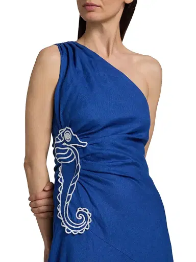 Farm Rio Women's Seahorse-Embroidered One-Shoulder Midi-Dress - Blue - Size XL | Thumbnail 6