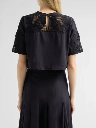 Veronica Beard Women's Errol Eyelet Cotton Crop Top - Black - Size 16 | Thumbnail 3