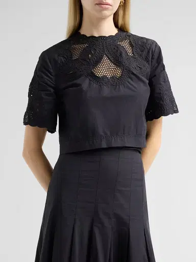 Veronica Beard Women's Errol Eyelet Cotton Crop Top - Black - Size 16 | Thumbnail 4