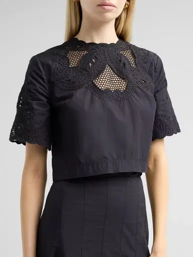 Veronica Beard Women's Errol Eyelet Cotton Crop Top - Black - Size 16 | Thumbnail 5