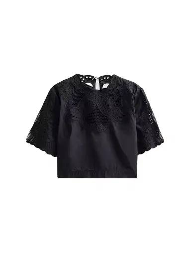 Veronica Beard Women's Errol Eyelet Cotton Crop Top - Black - Size 16 | Thumbnail 1