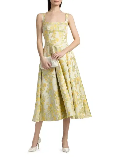 THEIA Women's Julie Floral-Jacquard Midi-Dress - Butter Yellow Mint - Size 16 | Thumbnail 3 THEIA Women's Julie Floral-Jacquard Midi-Dress - Butter Yellow Mint - Size 16 | Thumbnail 3